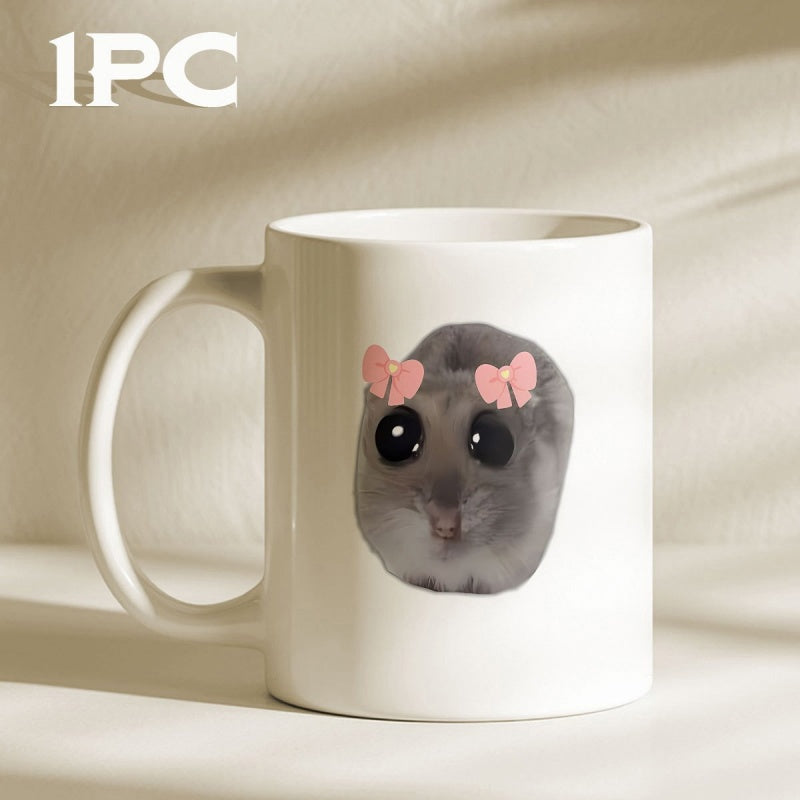 Tailorly White Ceramic 11 oz Mug - 1PC Adorable Grey Fluffy Animal Head Wearing Pink Bows Hamster