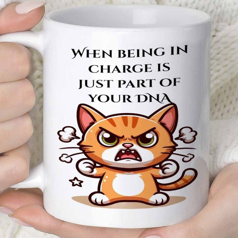 Tailorly White Ceramic 11 oz Mug - When Being In Charge Is Just Part Of Your DNA Angry Fierce Grumpy Orange Tabby Cartoon With Clenched Paws Cat