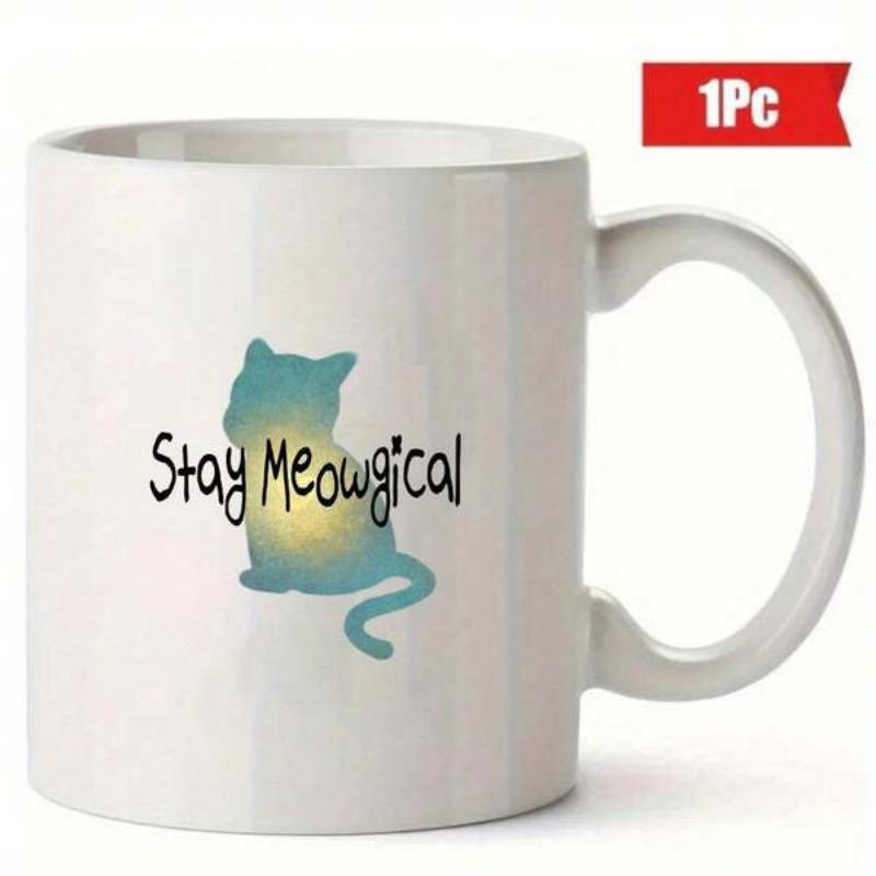 Tailorly White Ceramic 11 oz Mug - Stay Meowgical Serene Sitting Feline Silhouette With Soft Blue And Yellow Glowing Gradient Cat