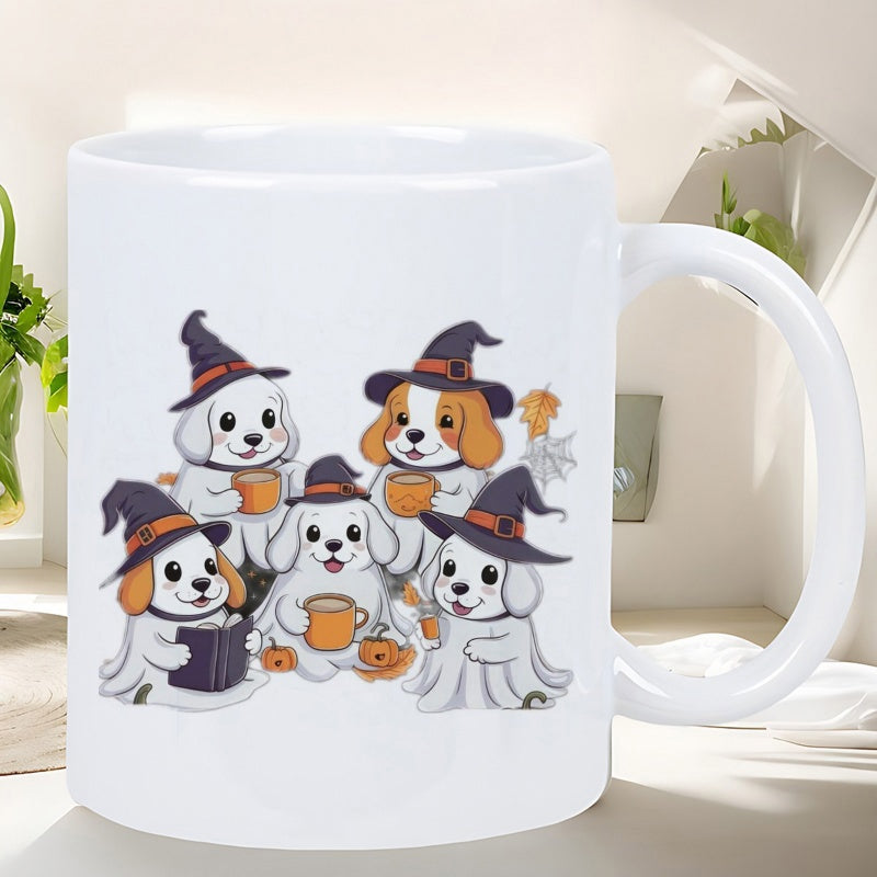 Tailorly White Ceramic 11 oz Mug - Adorable Ghost Puppies Wearing Pointy Witch Hats Holding Steaming Mugs Dogs