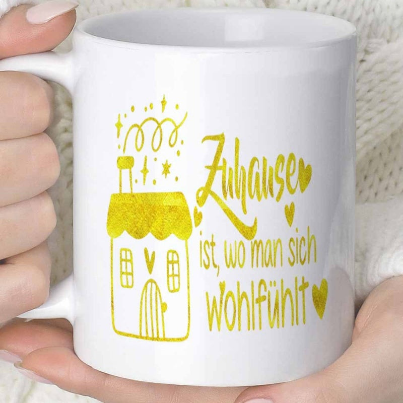 Tailorly White Ceramic 11 oz Mug - Golden Hand Drawn Small Dwelling With Twinkling Stars And Hearts House