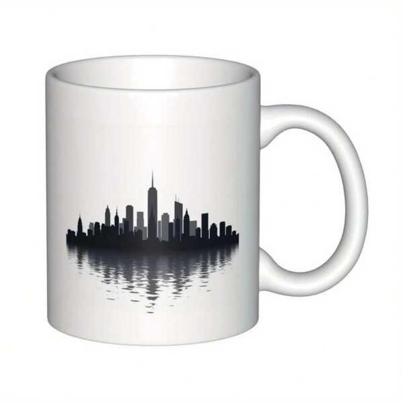 Tailorly White Ceramic 11 oz Mug - Modern Urban Silhouette With Reflection Upon Rippling Water Surface Skyline