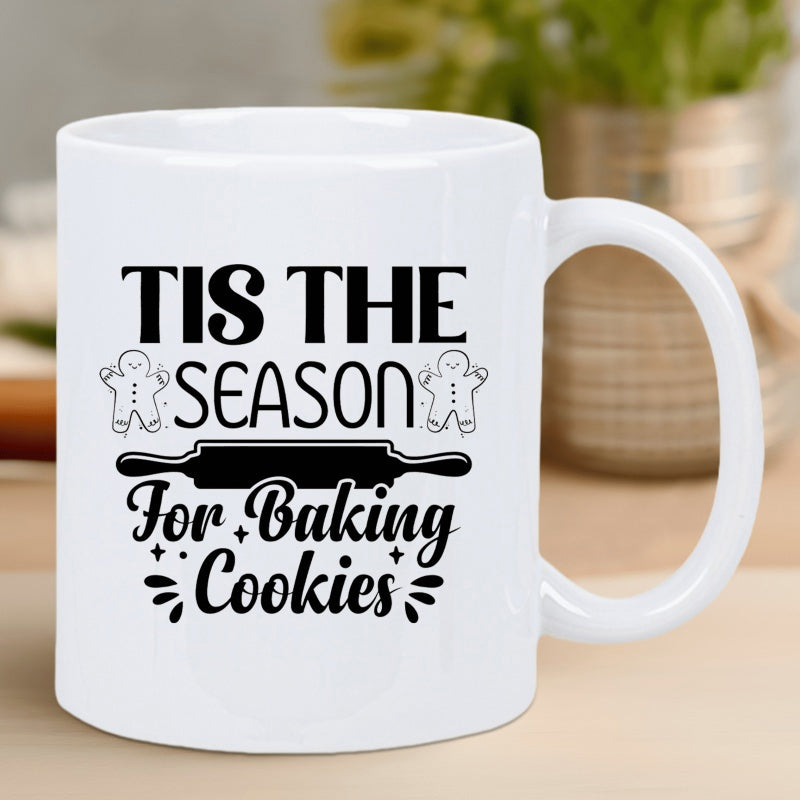 Tailorly White Ceramic 11 oz Mug - Tis The Season For Baking Cookies Festive Holiday Elements Featuring Rolling Pin And Tiny Gingerbread Man