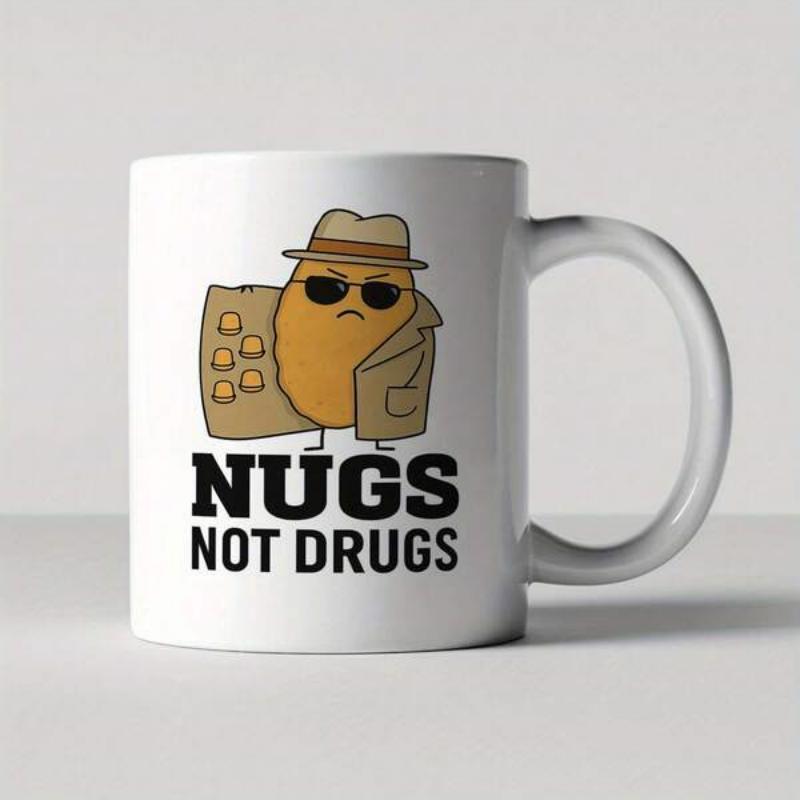Tailorly White Ceramic 11 oz Mug - Nugs Not Drugs Funny Cartoon Wearing Trench Coat Showing Hidden Small Fried Snacks Nugget