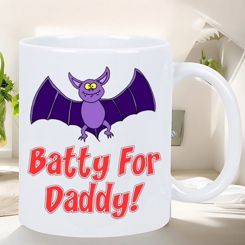 Tailorly White Ceramic 11 oz Mug - Batty For Daddy Cute Purple Cartoon Flying Creature With Wide Wings Bat