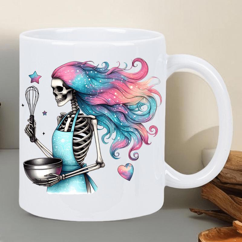 Tailorly White Ceramic 11 oz Mug - Ethereal Colorful Flowing Hair Wearing An Apron Holding A Whisk And Mixing Bowl Skeleton