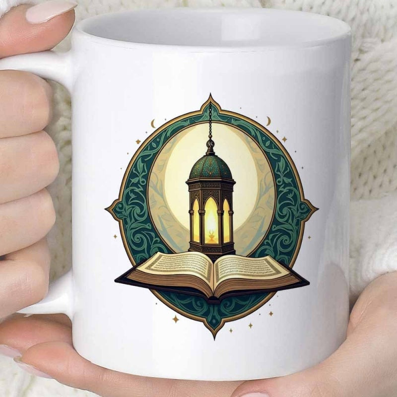 Tailorly White Ceramic 11 oz Mug - Glowing Vintage Lantern Resting On An Open Book Within Ornamental Frame Lantern