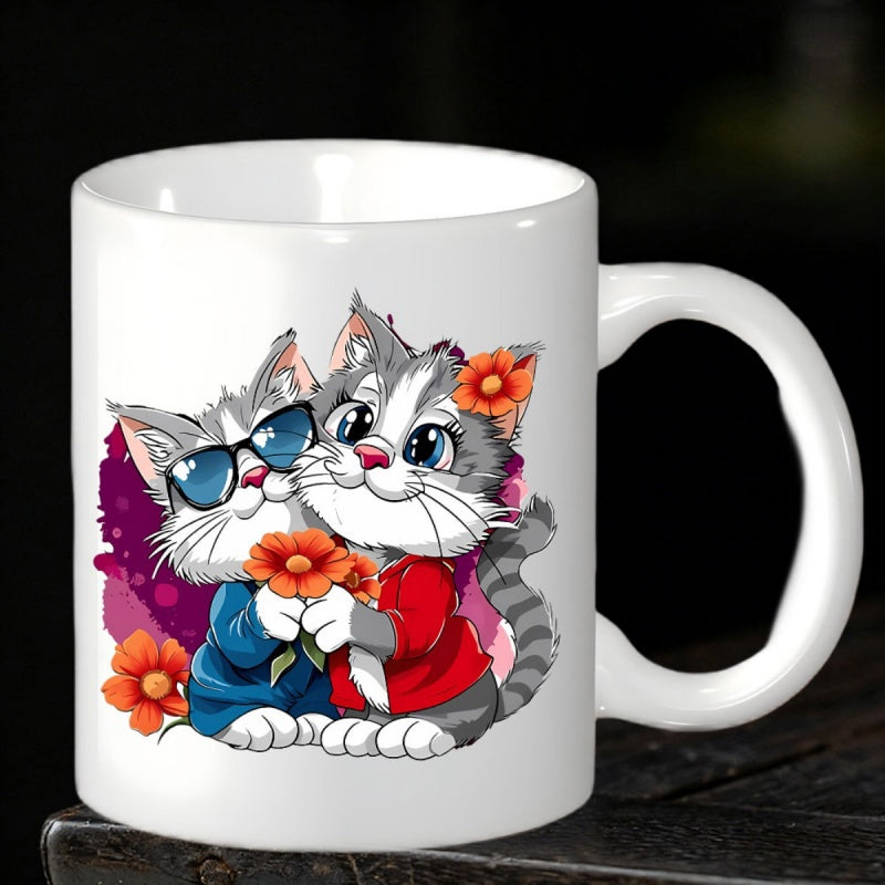 Tailorly White Ceramic 11 oz Mug - Two Adorable Grey Kittens Wearing Colorful Clothes Holding Vibrant Orange Flowers Cat