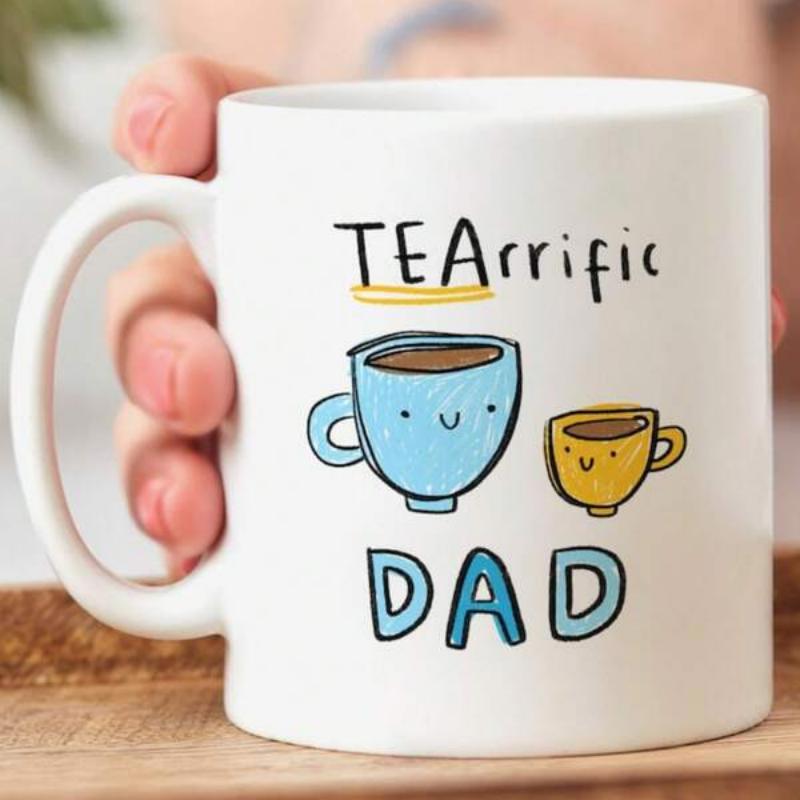 Tailorly White Ceramic 11 oz Mug - TEArrific Dad Two Simple Cartoon Smiling Tea Cups With Different Sizes And Colors Mug