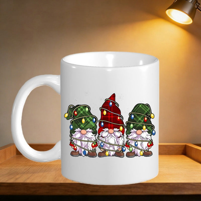 Tailorly White Ceramic 11 oz Mug - Three Festive Plaid Christmas Figures Wrapped In Glowing Colorful String Lights Gnome