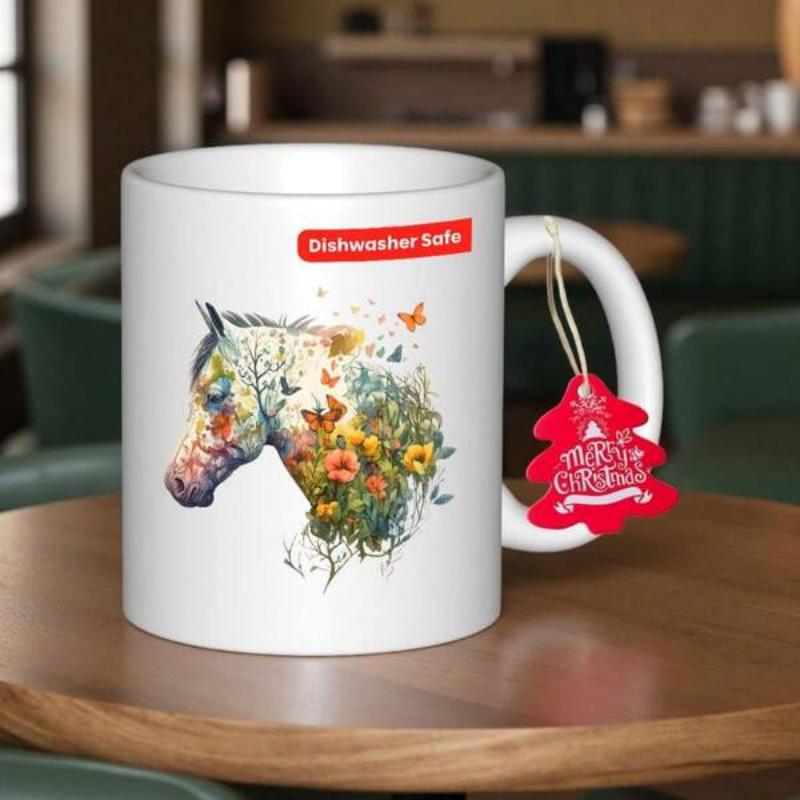 Tailorly White Ceramic 11 oz Mug - Merry Christmas Vibrant Colorful Flowers With Butterflies Floating Around Artistic Floral Pattern Horse