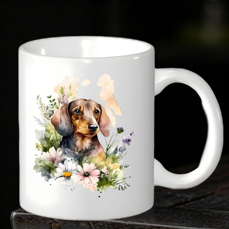 Tailorly White Ceramic 11 oz Mug - Watercolor Style Illustration Of A Cute Pet Among Blooming Garden Flowers Dachshund