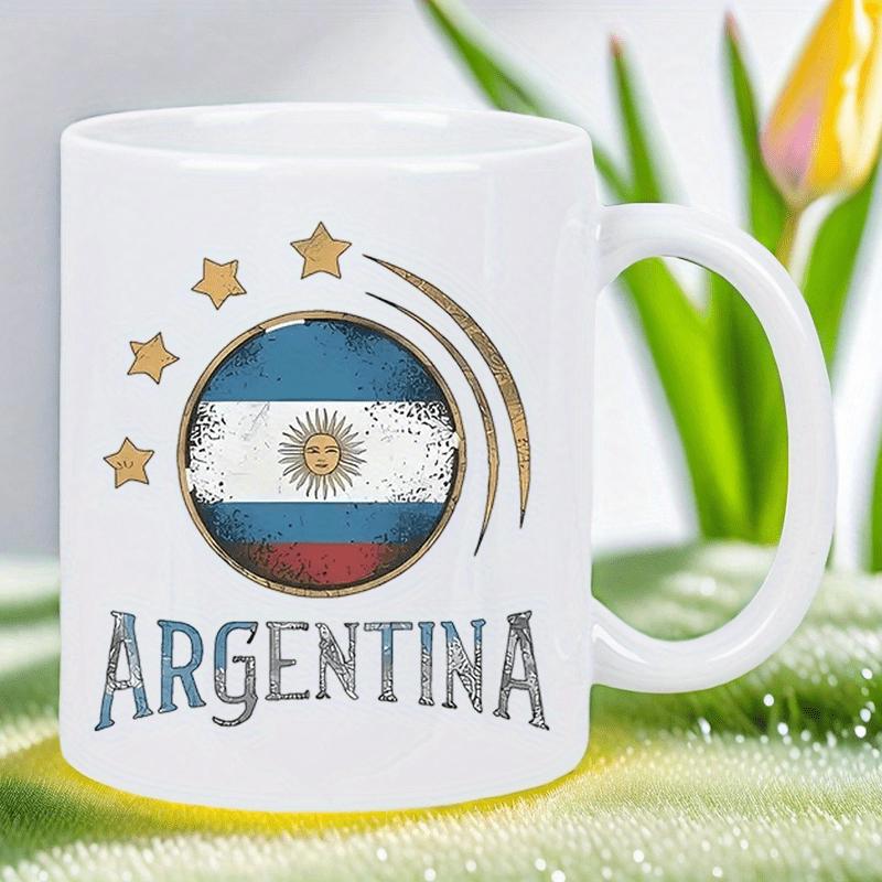 Tailorly White Ceramic 11 oz Mug - Argentina Distressed Circular National Flag Design With Golden Stars Above Emblem