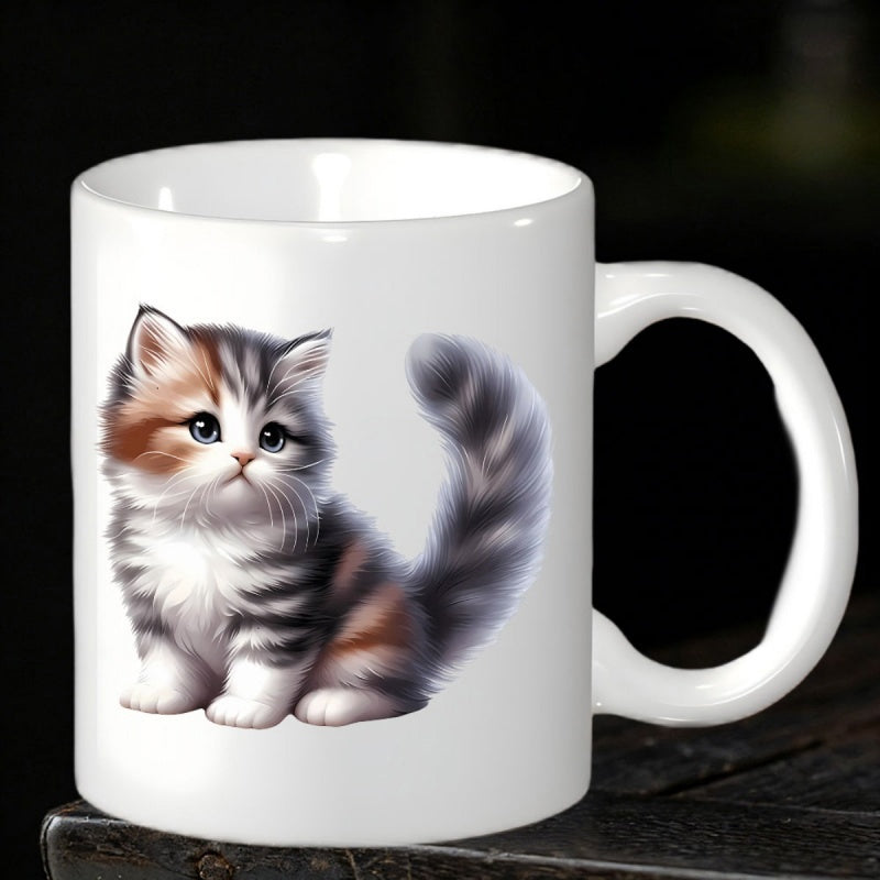 Tailorly White Ceramic 11 oz Mug - Adorable Fluffy Kitten With Soft Fur And Curious Eyes Sitting Calmly Cat