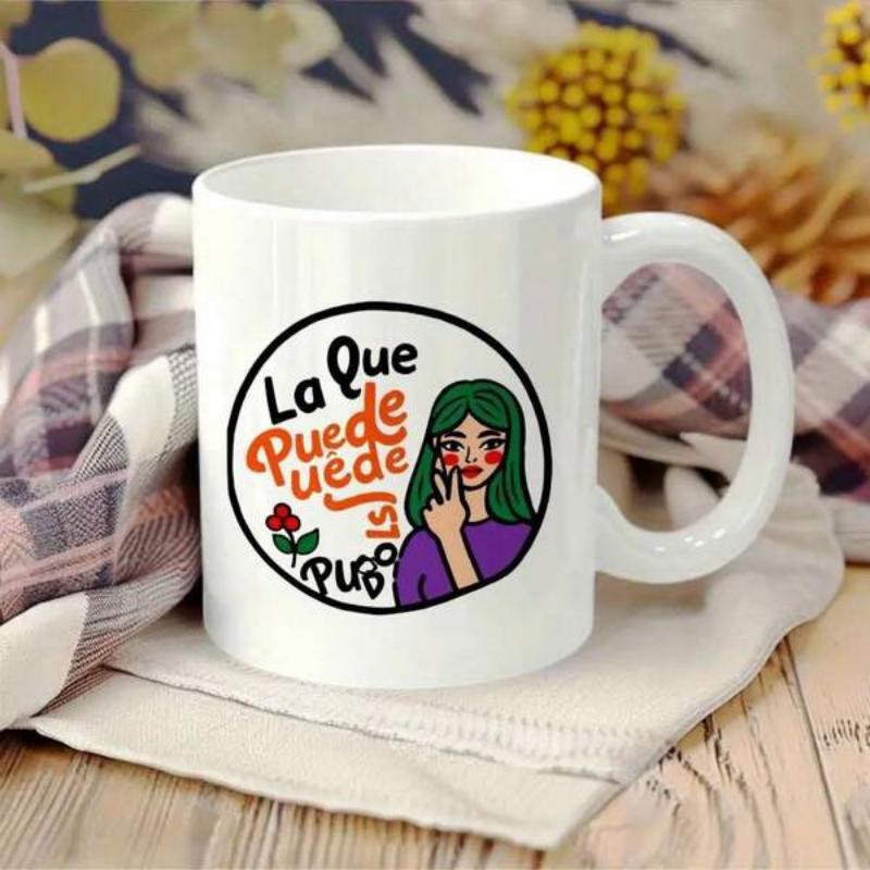 Tailorly White Ceramic 11 oz Mug - Charming Cartoon Girl With Green Hair Making Peace Sign Inside Frame Girl
