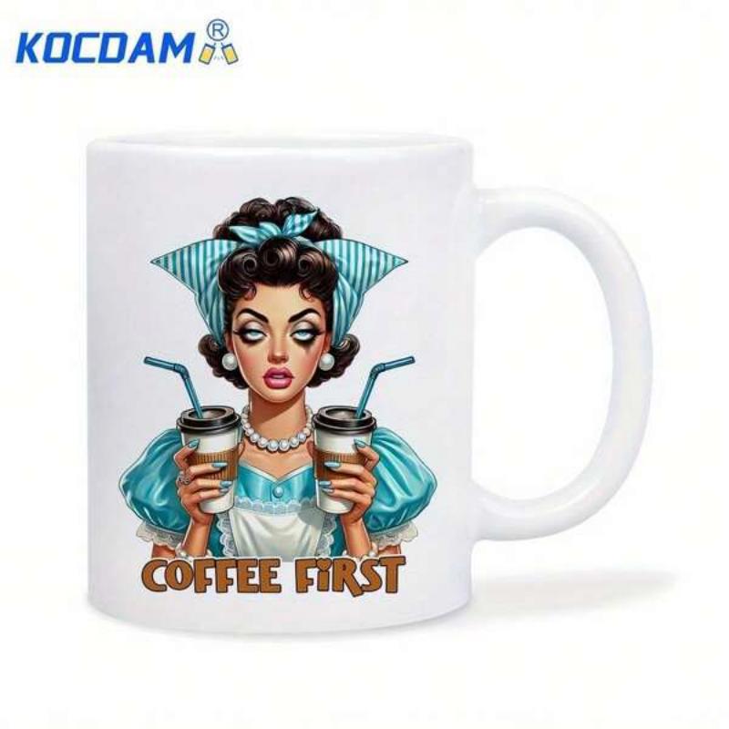 Tailorly White Ceramic 11 oz Mug - Coffee First Vintage Style Tired Lady Holding Two Coffee Cups Wearing Blue Bow Woman