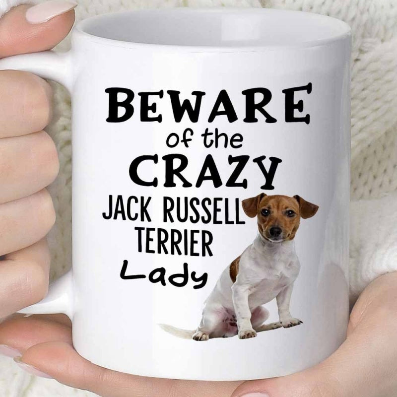 Tailorly White Ceramic 11 oz Mug - Beware Of The Crazy Jack Russell Terrier Lady Small Brown And White Dog Sitting Patiently On Clean Plain Background Terrier