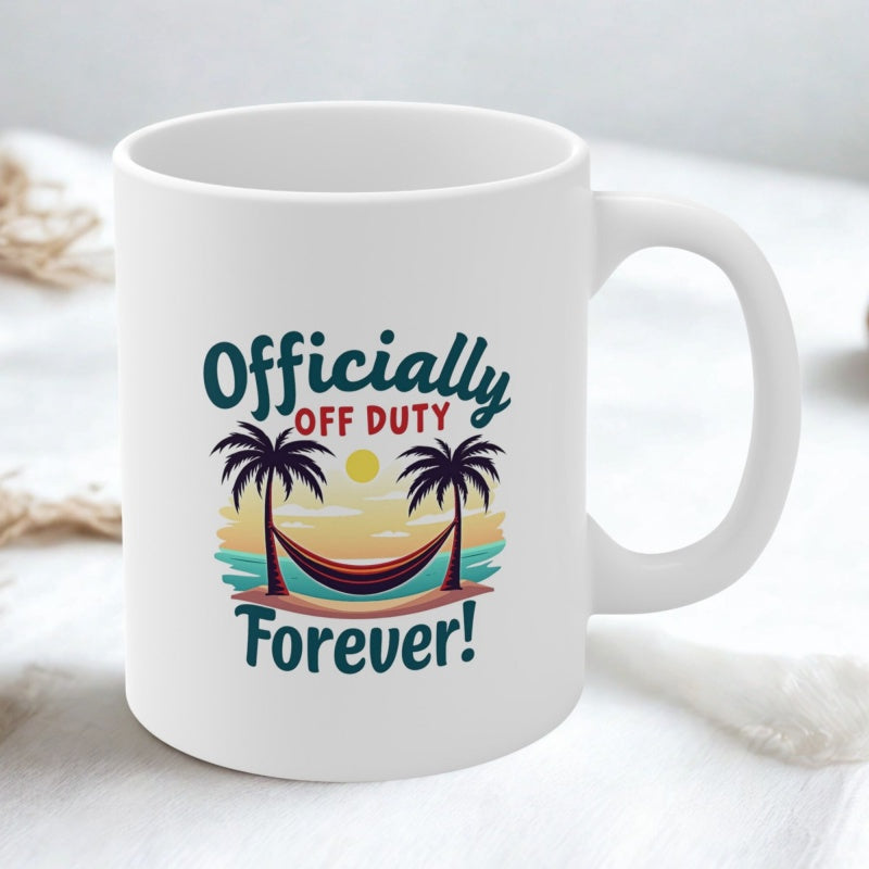 Tailorly White Ceramic 11 oz Mug - Officially Off Duty Forever Tropical Beach Sunset With Hammock Swinging Between Two Tall Palm Trees