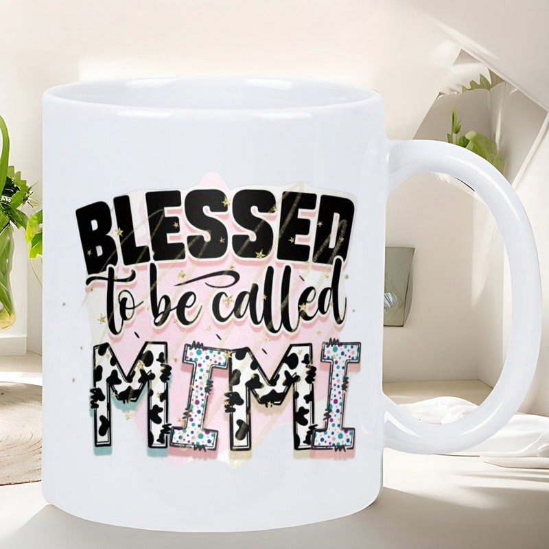 Tailorly White Ceramic 11 oz Mug - Blessed To Be Called Mimi Pink Watercolor Splash Background Featuring Decorative Cow Print Pattern Lettering