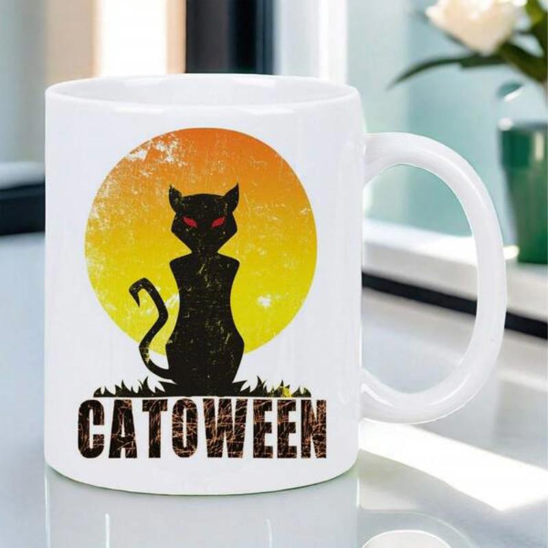 Tailorly White Ceramic 11 oz Mug - Catoween Distressed Vintage Sunset Featuring Mysterious Black Silhouette On Grass Cat