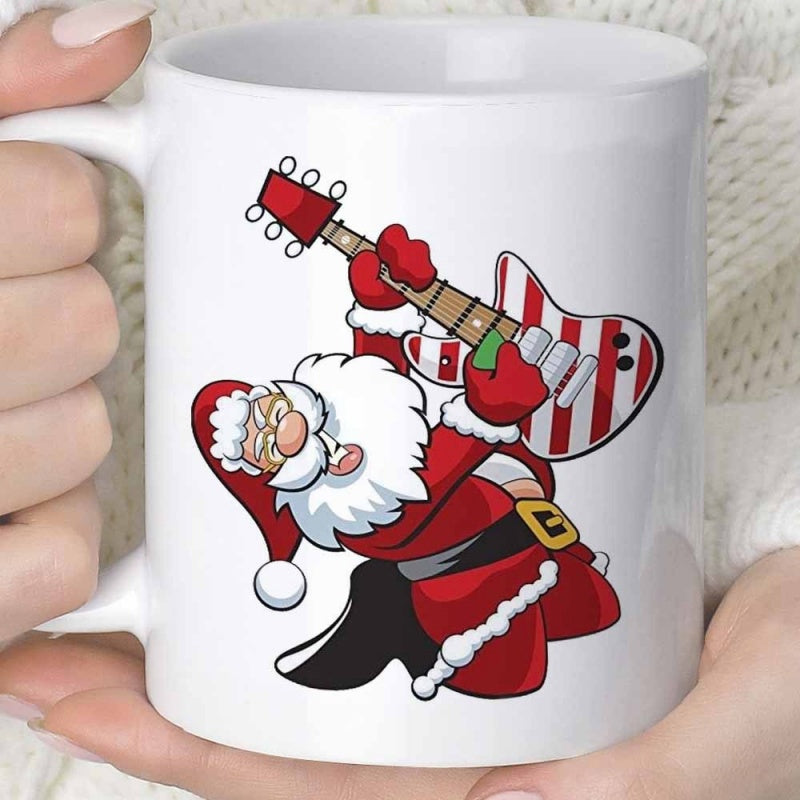 Tailorly White Ceramic 11 oz Mug - Festive Rocker Playing Striped Electric Guitar Amidst Joyful Holiday Celebration Traditional Santa Claus