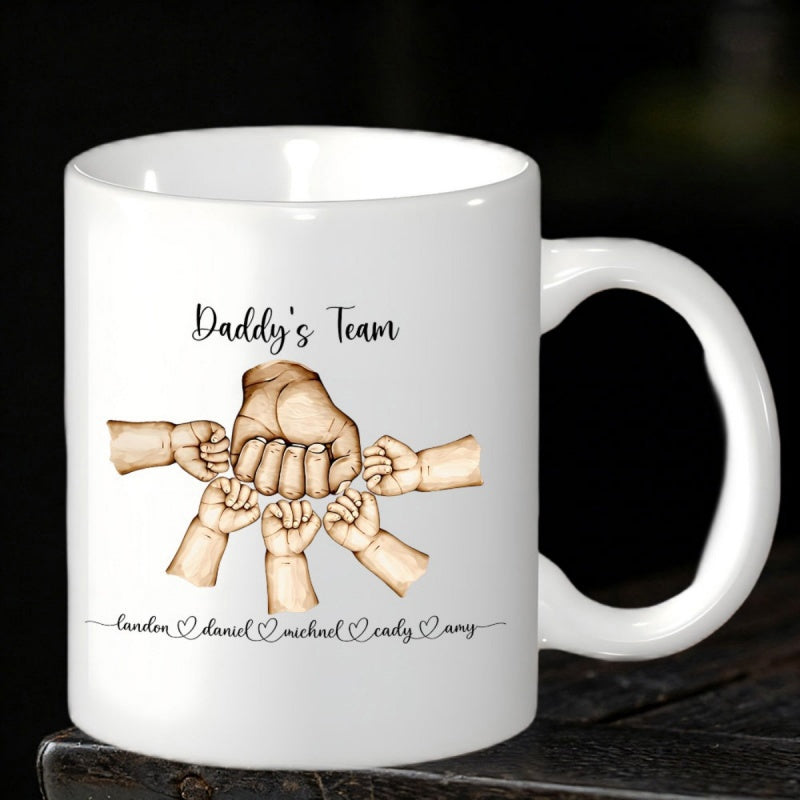 Tailorly White Ceramic 11 oz Mug - Daddys Team Landon David Michael Emily Amy Artistic Sketch Of Large Fist Bonded With Multiple Small Child Fists Fist