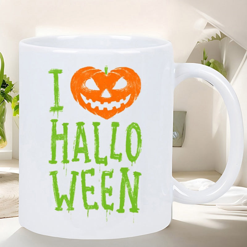 Tailorly White Ceramic 11 oz Mug - I Halloween Spooky Carved Orange Heart Shape Among Green Dripping Slime Distressed Font Pumpkin