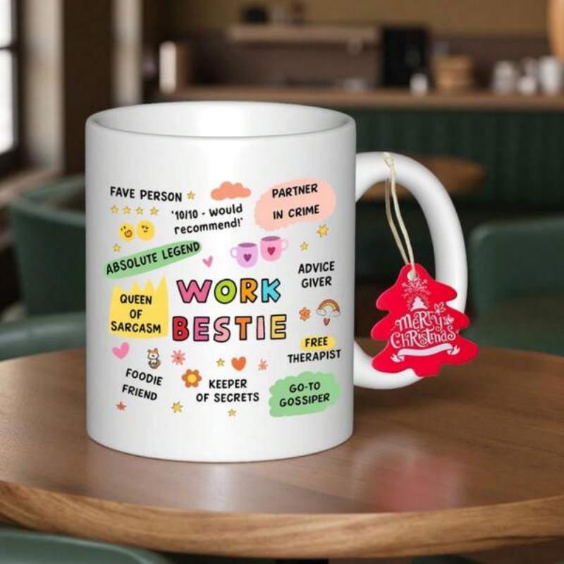 Tailorly White Ceramic 11 oz Mug - Work Bestie Colorful Typography With Charming Little Hearts And Vibrant Stars Among Decorative Shapes Mug