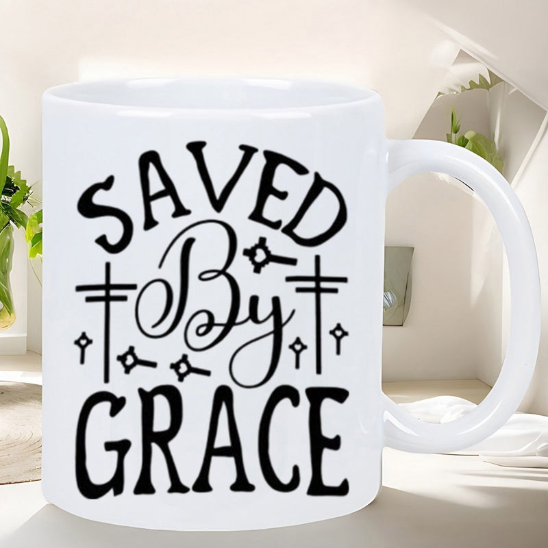 Tailorly White Ceramic 11 oz Mug - Saved By Grace Religious Scripture Surrounded By Decorative Stars And Minimalist Christian Cross