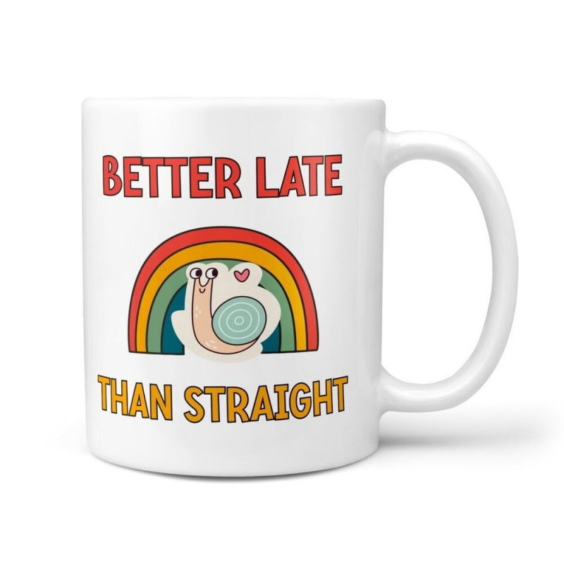 Tailorly White Ceramic 11 oz Mug - Better Late Than Straight Vibrant Colorful Rainbow Arching Over A Small Happy Cartoonish Heart Snail