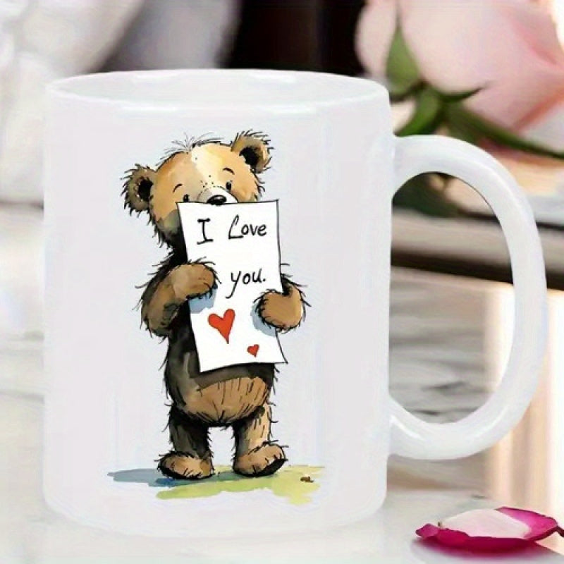 Tailorly White Ceramic 11 oz Mug - I Love You Cute Brown Furry Animal Holding A Romantic White Note Card Bear