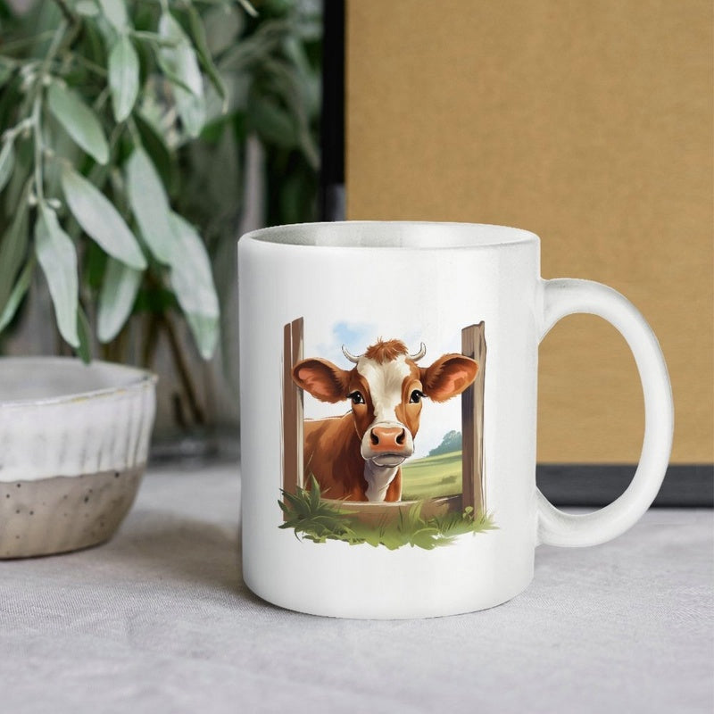 Tailorly White Ceramic 11 oz Mug - Curious Brown And White Heifer Peeking Through Rustic Wooden Fence Posts Cow