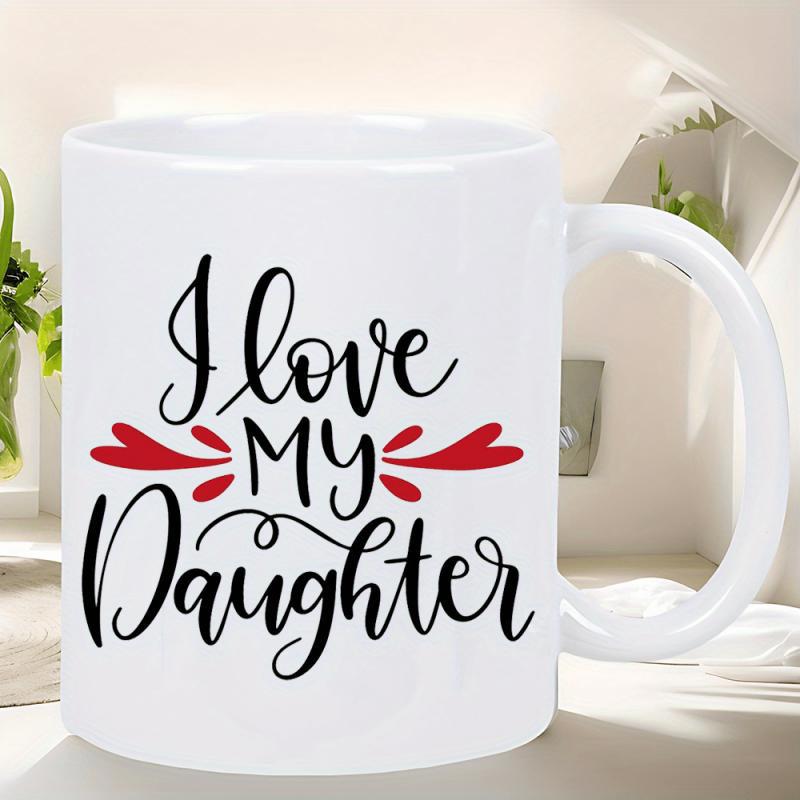 Tailorly White Ceramic 11 oz Mug - I Love My Daughter Elegant Script Lettering Balanced Between Artistic Red Swooping Decorative Flourish Heart