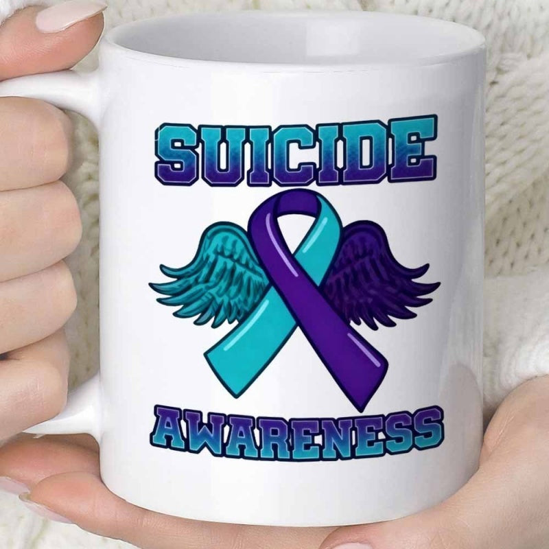 Tailorly White Ceramic 11 oz Mug - Suicide Awareness Teal And Purple Awareness Ribbon With Beautiful Detailed Angel Wings Ribbon