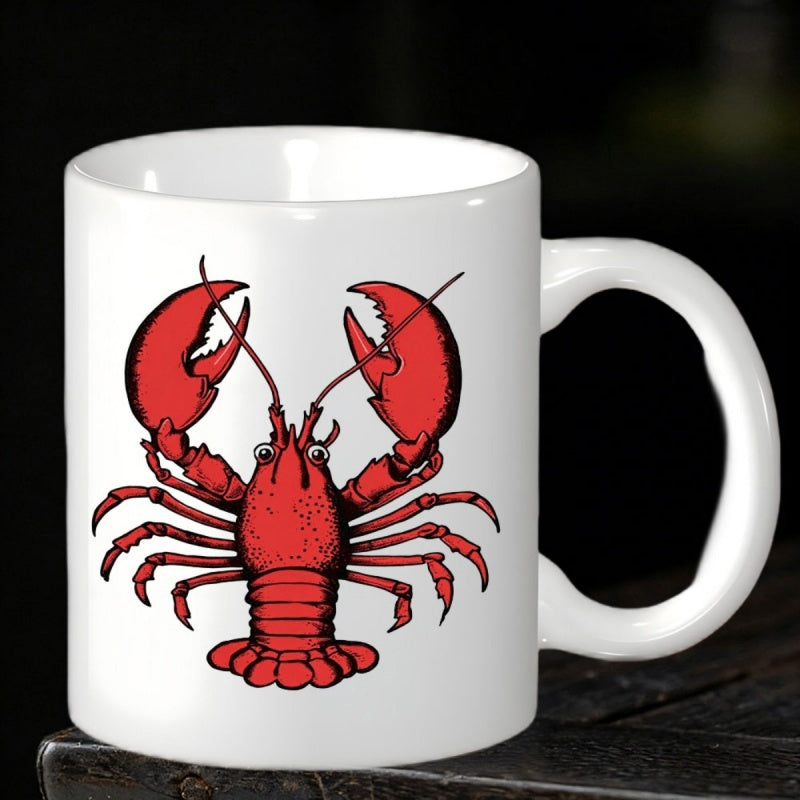 Tailorly White Ceramic 11 oz Mug - Detailed Red Marine Shellfish Swimming Through Deep Coastal Ocean Water Lobster