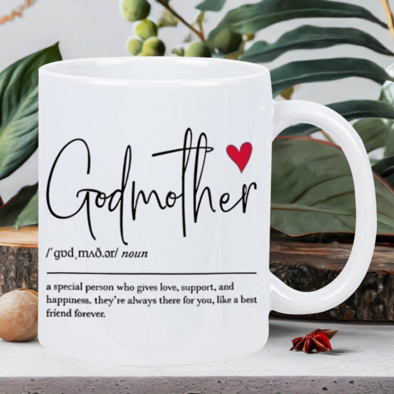 Tailorly White Ceramic 11 oz Mug - Godmother Minimalist Dictionary Definition Style Featuring A Bright Red Heart