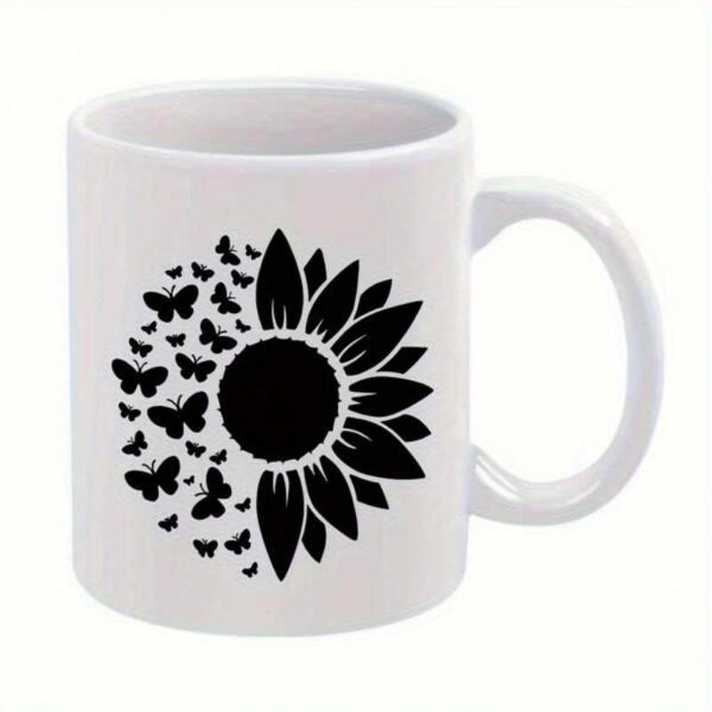 Tailorly White Ceramic 11 oz Mug - Black Artistic Butterflies Flying Around A Half Blooming Natural Floral Sunflower