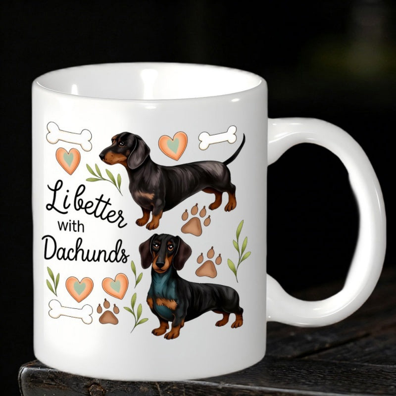 Tailorly White Ceramic 11 oz Mug - Li Better With Dachshunds Two Adorable Dogs Surrounded By Small Hearts And Bones Dachshund