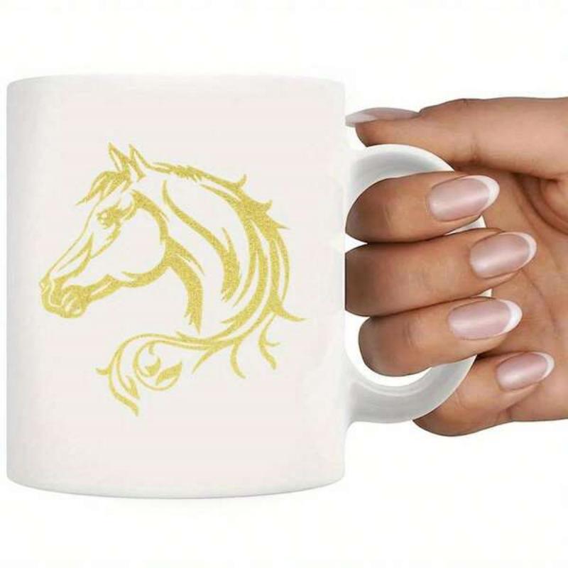 Tailorly White Ceramic 11 oz Mug - Minimalist Golden Outline Depicting A Graceful Wild Stallion Profile Horse