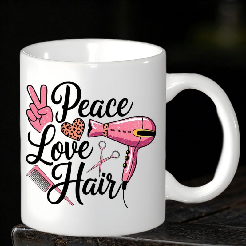 Tailorly White Ceramic 11 oz Mug - Peace Love Hair Stylish Pink Styling Tools With Leopard Pattern Heart And Peace Sign Hairdryer