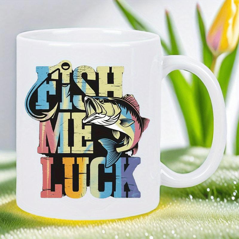Tailorly White Ceramic 11 oz Mug - Fish Me Luck Retro Styled Jumping Bass Among Bold Colorful Distressed Text Fish