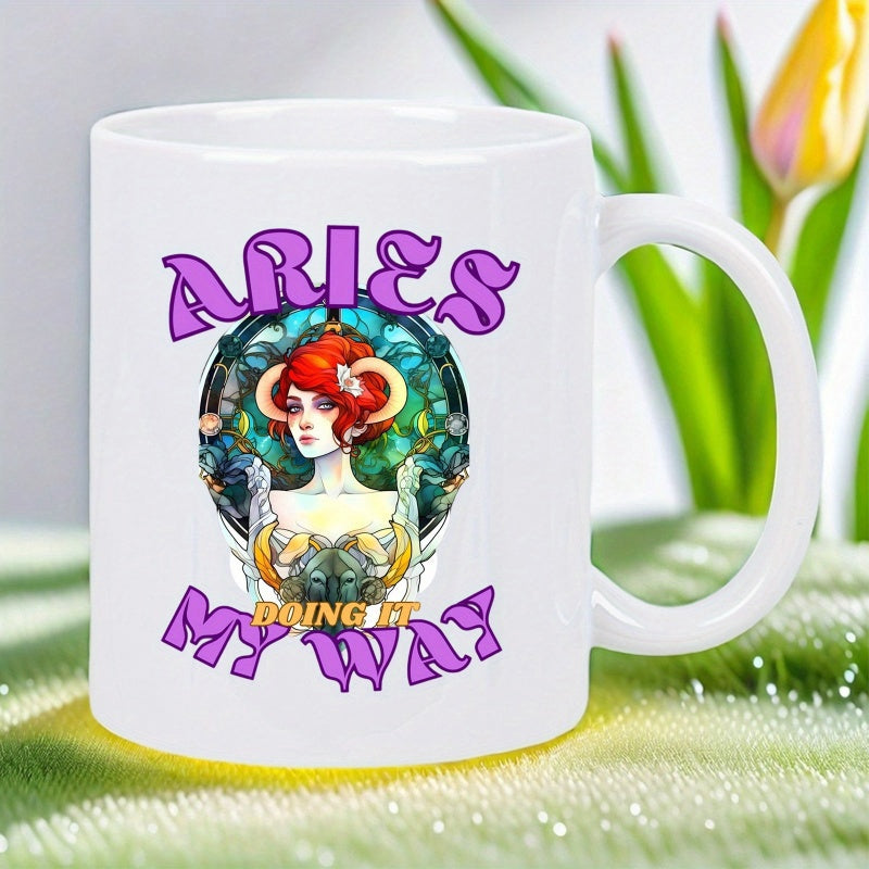 Tailorly White Ceramic 11 oz Mug - Aries Doing It My Way Red Haired Woman With Horns Under Stained Glass Circle Aries