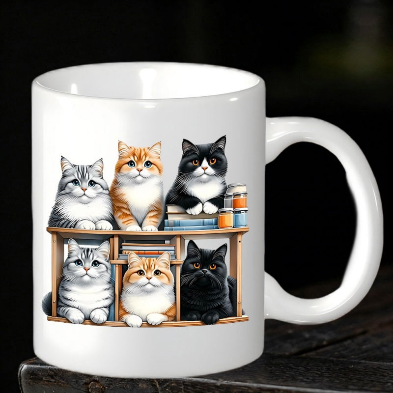 Tailorly White Ceramic 11 oz Mug - Six Adorable Kittens Resting On Shelves With Books And Paint Cans Cat