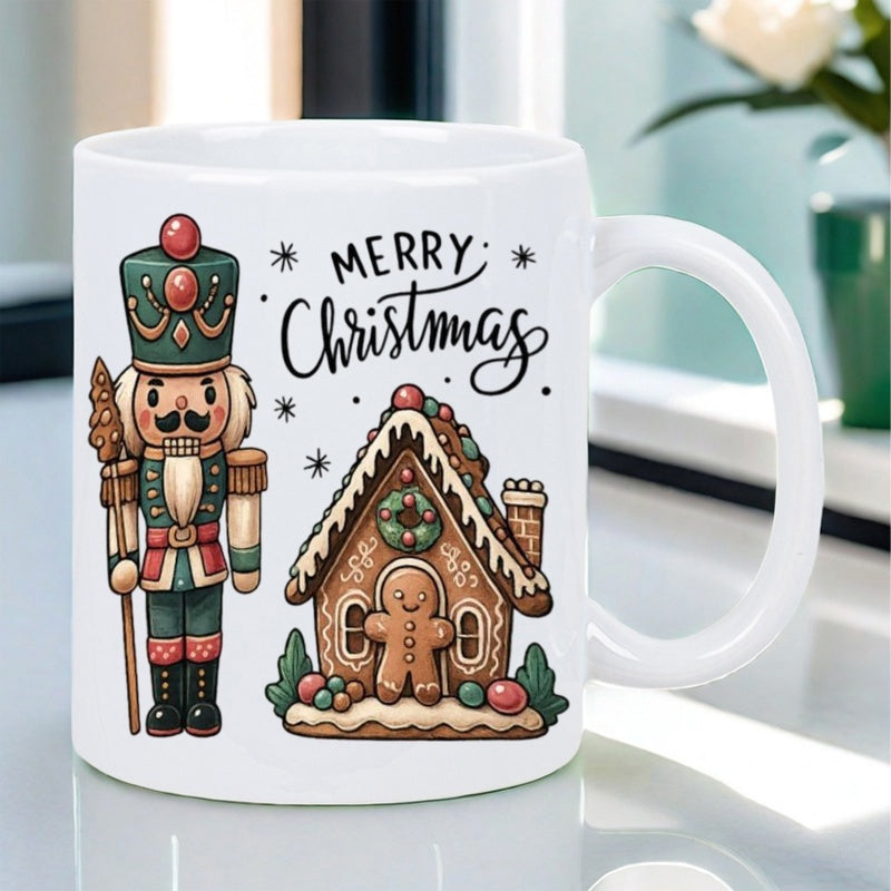 Tailorly White Ceramic 11 oz Mug - Merry Christmas Festive Holiday Scene Featuring A Traditional Gingerbread House And Soldier Nutcracker