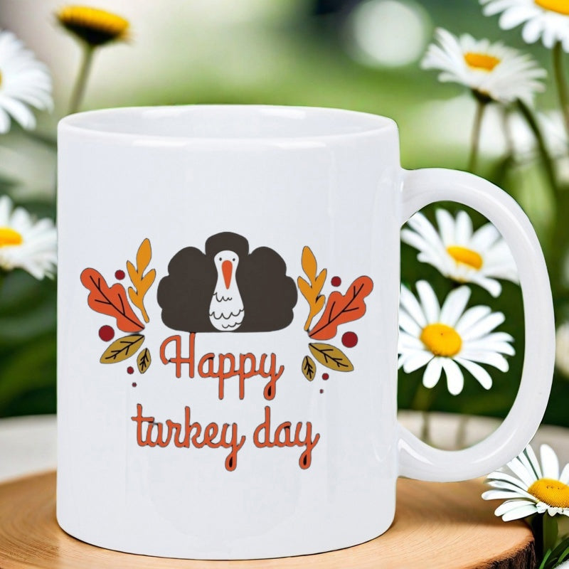 Tailorly White Ceramic 11 oz Mug - Happy Turkey Day Festive Autumn Atmosphere With Colorful Fallen Leaves And Decorative Seasonal Berries Turkey