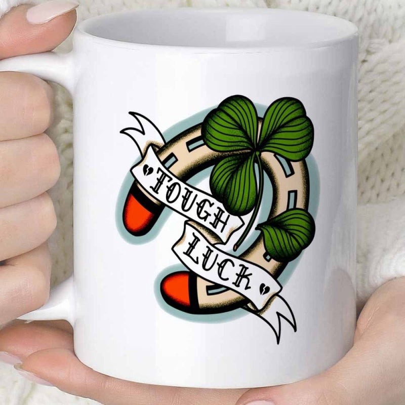Tailorly White Ceramic 11 oz Mug - Tough Luck Traditional Tattoo Style Horseshoe With Green Shamrocks And Ribbon Horseshoe
