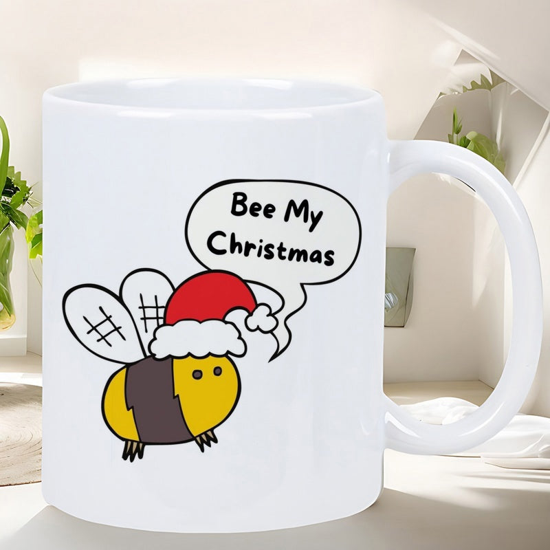 Tailorly White Ceramic 11 oz Mug - Bee My Christmas Adorable Cartoon Character Wearing A Festive Red Santa Hat Holiday Spirit Bee