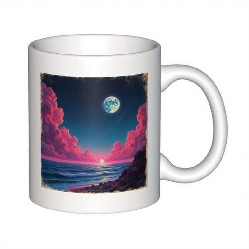 Tailorly White Ceramic 11 oz Mug - Vibrant Pink Clouds Drifting Above Serene Ocean Waves Under Glowing Moon Landscape