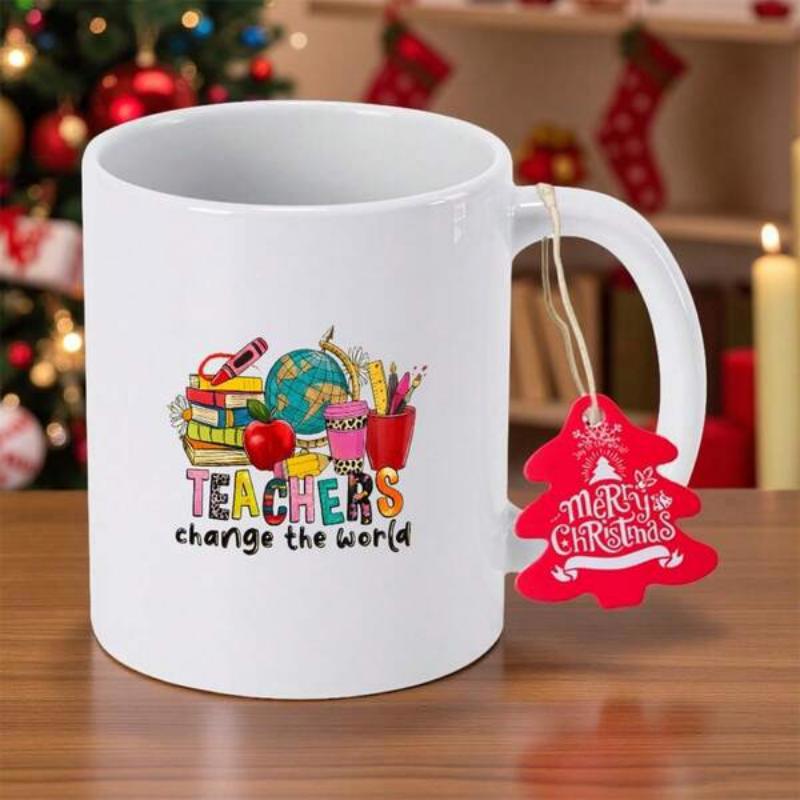 Tailorly White Ceramic 11 oz Mug - Teachers Change The World Educational Books With Colorful Globe And Apple Among School Supplies Design
