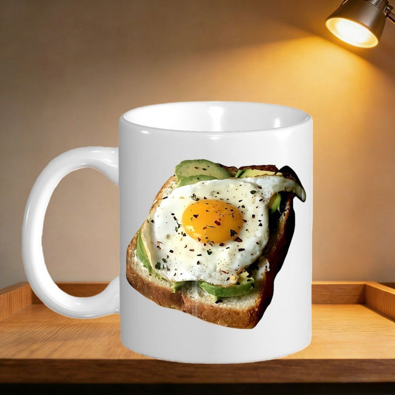 Tailorly White Ceramic 11 oz Mug - Fresh Sliced Avocado On Toasted Bread Topped With Fried Egg Toast